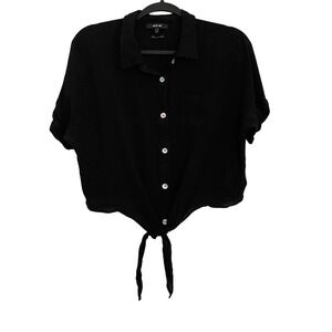 Miss Me Womens Short‎ Sleeve Button Tie Front Crop Blouse Top Black Size Small